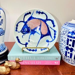 Vintage Hand-Painted Blue and Red Lattice Koi Fish Decorative Plate- Statement